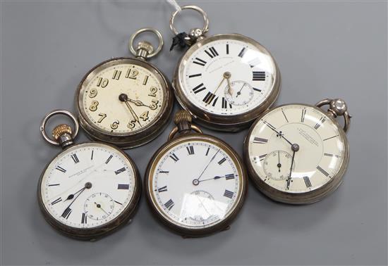 Three assorted silver pocket watches including Josh. Ainsworth, Blackburn and two other pocket watches.